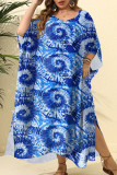 Deep Blue Plus Size Street Dot Leopard Paisley Patchwork Asymmetrical Printing V Neck Irregular Dress Plus Size Dresses