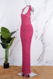 Rose Red Sexy Casual Solid Bandage Backless Halter Long Dress Dresses
