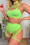 Fluorescent Green Sexy Living Solid Hollowed Out See-through Backless Lingerie