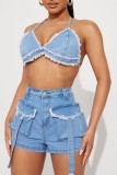 Blue Sexy Casual Solid Bandage Backless Halter Sleeveless Two Pieces