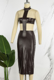 Coffee Sexy Solid Patchwork Backless Halter Pencil Skirt Dresses