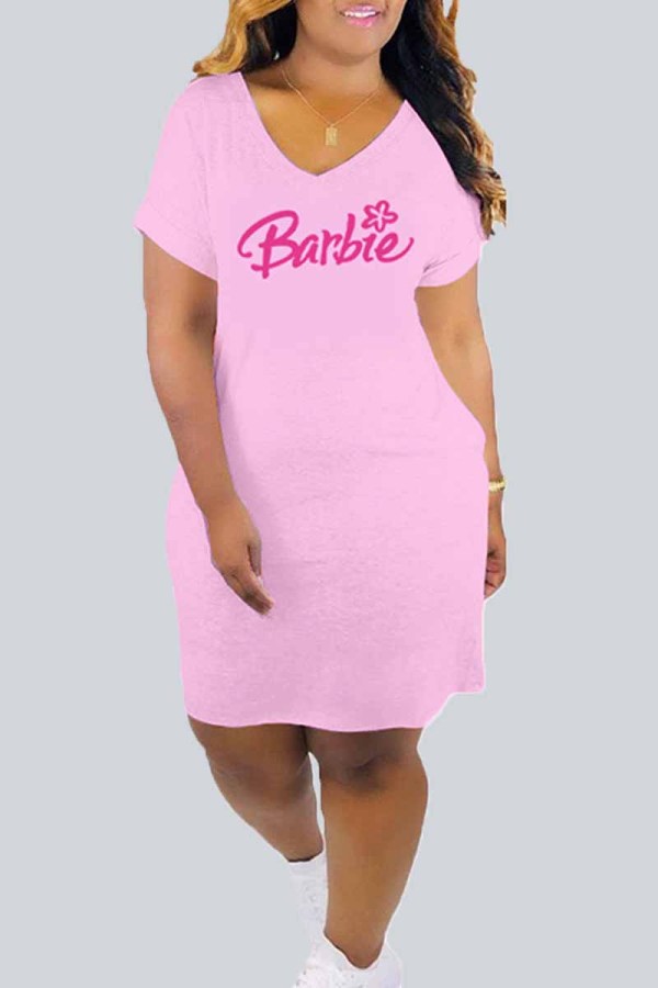 Pink Street Print Letter V Neck One Step Skirt Dresses