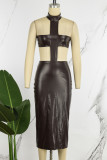 Coffee Sexy Solid Patchwork Backless Halter Pencil Skirt Dresses