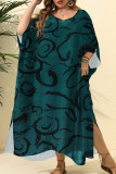 Blue Plus Size Street Dot Leopard Paisley Patchwork Asymmetrical Printing V Neck Irregular Dress Plus Size Dresses