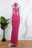 Rose Red Sexy Casual Solid Bandage Backless Halter Long Dress Dresses