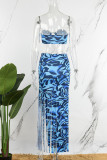 Blue Sexy Print Tassel Backless Strapless Sleeveless Two Pieces