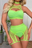 Fluorescent Green Sexy Living Solid Hollowed Out See-through Backless Lingerie