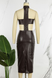 Coffee Sexy Solid Patchwork Backless Halter Pencil Skirt Dresses