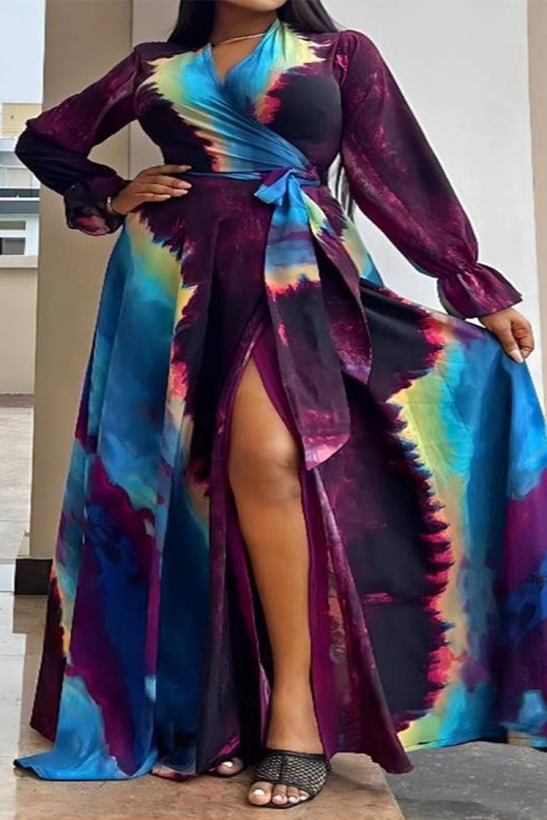 Purple Work Elegant Camouflage Print Not Positioning Printed Patchwork Cross Straps Printing V Neck Evening Dress Dresses