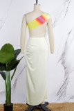 Light Yellow Sexy Print Hollowed Out Patchwork Backless Oblique Collar Irregular Dress Dresses