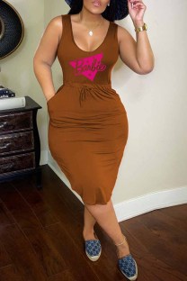 Brown Sexy Print Letter U Neck One Step Skirt Dresses