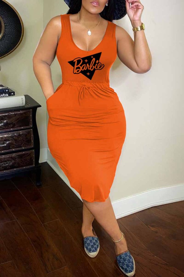 Orange Sexy Print Letter U Neck One Step Skirt Dresses