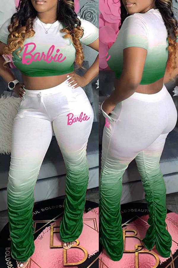 Green Casual Gradual Change Print Fold Letter O Neck Short Sleeve Two Pieces