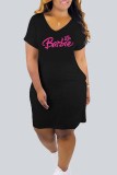 Black Street Print Letter V Neck One Step Skirt Dresses