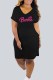 Black Street Print Letter V Neck One Step Skirt Dresses