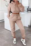 Pink Casual Solid Basic Hooded Collar Long Sleeve Two Pieces