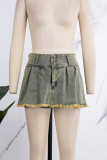 Champagne Street Solid Patchwork Fold Regular Mid Waist Straight Solid Color Bottoms