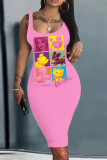 Pink Casual Print Basic U Neck Vest Dress Dresses