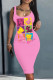 Pink Yellow Casual Print Basic U Neck Vest Dress Dresses