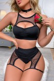 Black Sexy Living Solid Hollowed Out See-through Backless Lingerie