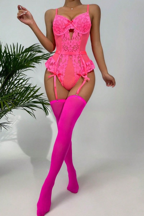 Rose Red Sexy Solid Hollowed Out Patchwork Backless Lingerie