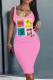 Pink Green Casual Print Basic U Neck Vest Dress Dresses
