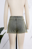 Champagne Street Solid Patchwork Fold Regular Mid Waist Straight Solid Color Bottoms