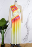 Light Yellow Sexy Print Hollowed Out Patchwork Backless Oblique Collar Irregular Dress Dresses
