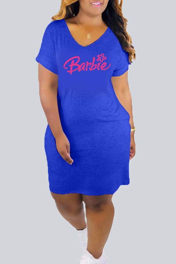 Blue Street Print Letter V Neck One Step Skirt Dresses
