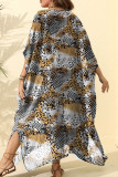 Grey Plus Size Street Dot Leopard Paisley Patchwork Asymmetrical Printing V Neck Irregular Dress Plus Size Dresses