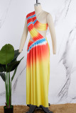 Light Yellow Sexy Print Hollowed Out Patchwork Backless Oblique Collar Irregular Dress Dresses