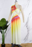 Light Yellow Sexy Print Hollowed Out Patchwork Backless Oblique Collar Irregular Dress Dresses
