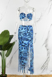 Blue Sexy Print Tassel Backless Strapless Sleeveless Two Pieces