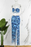 Blue Sexy Print Tassel Backless Strapless Sleeveless Two Pieces