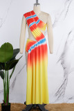 Light Yellow Sexy Print Hollowed Out Patchwork Backless Oblique Collar Irregular Dress Dresses