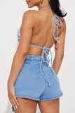 Blue Sexy Casual Solid Bandage Backless Halter Sleeveless Two Pieces