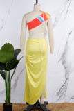 Light Yellow Sexy Print Hollowed Out Patchwork Backless Oblique Collar Irregular Dress Dresses