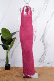 Rose Red Sexy Casual Solid Bandage Backless Halter Long Dress Dresses