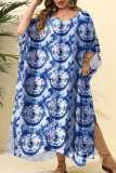 Deep Blue Plus Size Street Dot Leopard Paisley Patchwork Asymmetrical Printing V Neck Irregular Dress Plus Size Dresses