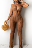Khaki Sexy Solid Hollowed Out Patchwork Spaghetti Strap Boot Cut Jumpsuits