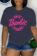 Navy Blue Street Vintage Print Letter O Neck T-Shirts