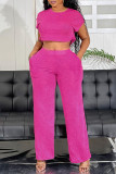 Pink Casual Solid Basic O Neck Short Sleeve Two Pieces
