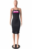 Black Sexy Print Letter Spaghetti Strap One Step Skirt Dresses