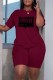 Burgundy Casual Print Letter O Neck Short Sleeve Two Pieces