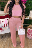 Pink Casual Solid Basic O Neck Short Sleeve Two Pieces