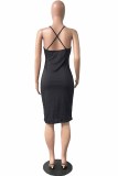 Black Sexy Print Letter Spaghetti Strap One Step Skirt Dresses