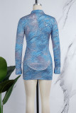 Blue Street Print Patchwork Buckle Turndown Collar Long Sleeve Two Pieces