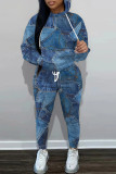 Dark Blue Casual Print Patchwork Hooded Collar Long Sleeve Two Pieces