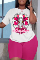 Rose Red Casual Skull Head Print Basic O Neck Short Sleeve Two Pieces