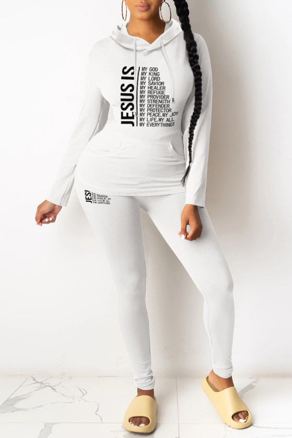 White Casual Letter Patchwork Draw String Pocket Hooded Collar Long Sleeve Two Pieces